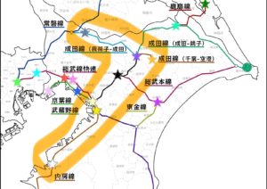 千葉県の地図。
湖北駅-成田駅-成田空港駅-佐倉駅-千葉駅-蘇我駅-木更津駅ルート