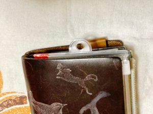 ファスナーケースを入れた状態をやや上から見た写真。
チェーンを取り付けられる場所がはみ出ている