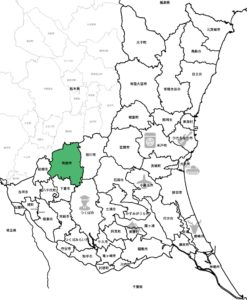 茨城県の地図。筑西市に色が付いている。
