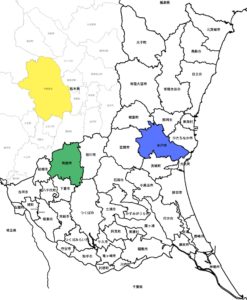 筑西と水戸と宇都宮に色塗った地図