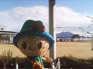 mini snapで撮った写真。ちっくんの大きい人形が写っており後方に筑波山が見える。